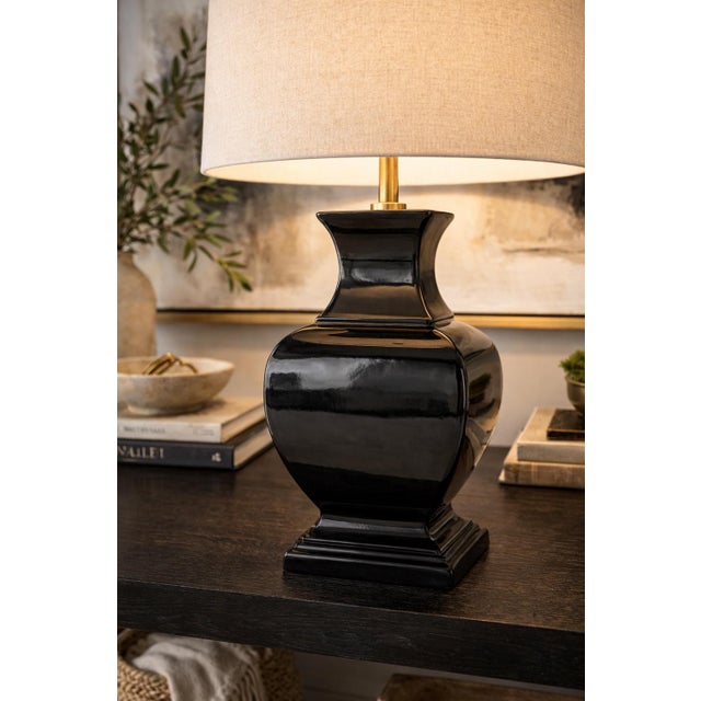 Ceramic Vintage Sculptural Gloss Black Ceramic Urn Table Lamp With 14” Linen Drum Shade – 23” Tall For Sale - Image 7 of 7