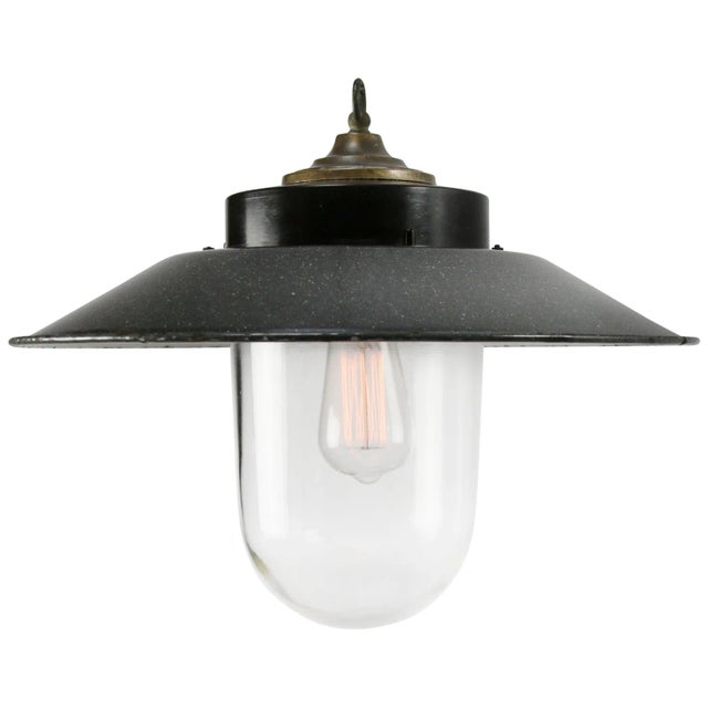 1950s Vintage Industrial Bakelite Brass and Glass Pendant Light in Grey Enamel For Sale - Image 5 of 5