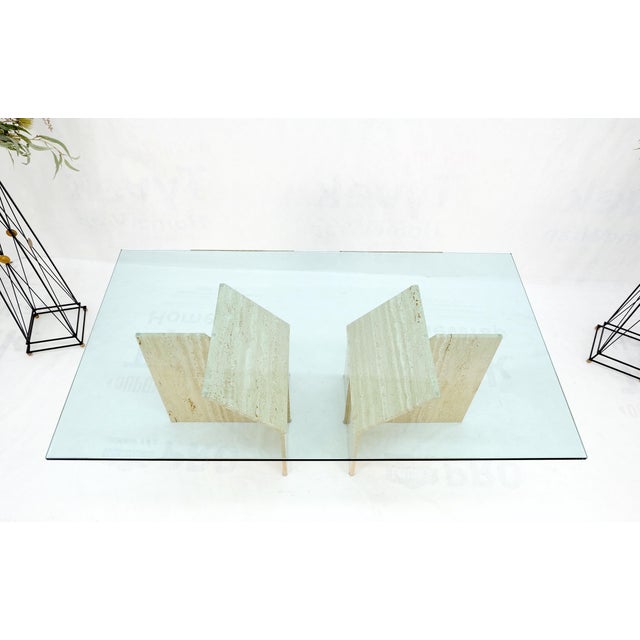 1970s Large Double Travertine Pedestal Glass Top Dining Conference Table For Sale - Image 5 of 12