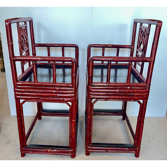 Late 19th Century Antique Qing Dynasty Chinoiserie Fretwork Bamboo Rose Chairs a-Pair For Sale - Image 5 of 17