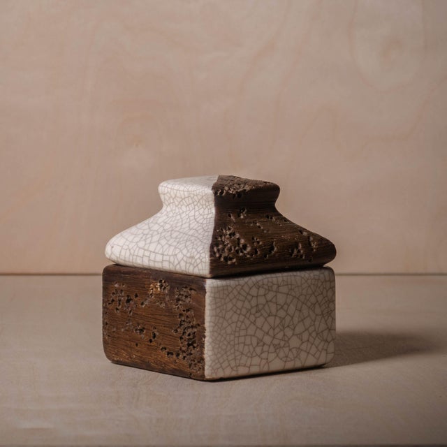 Vintage Studio Pottery Ceramic Two Tone Textured and Crackle Glaze Box With Lid This handmade ceramic-lidded container...