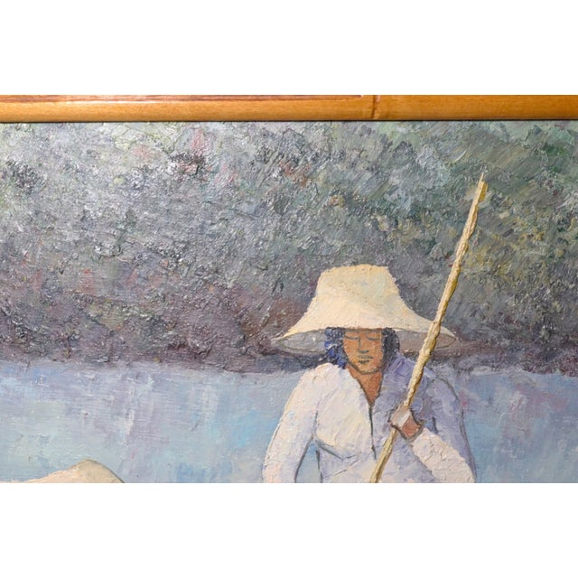 1980s Original Vintage v. Chaiduang Thai Impressionism Ladies Fishing Oil Painting Art For Sale - Image 10 of 11