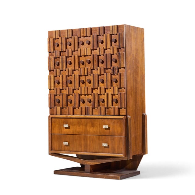 Mid-Century Modern Paul Evans Style Mid Century Canadian Brutalist Walnut Pedestal Armoire Highboy Dresser For Sale - Image 3 of 8