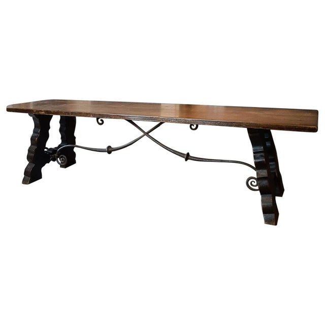 Brown Antique Spanish Wooden Dining Table with Hand-Forged Iron Support For Sale - Image 8 of 8
