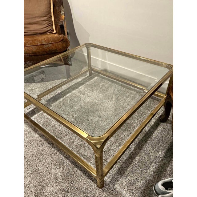 Large Vintage Mastercraft Style Solid Brass Waterfall Coffee Table With Beveled Glass Top For Sale - Image 6 of 6