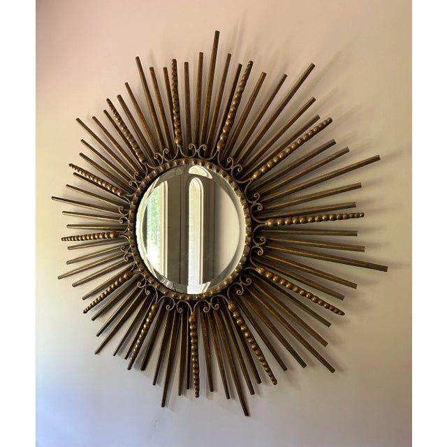 Hollywood Regency Large Sunburst Mirror in Gilt Wrought Iron For Sale - Image 3 of 8