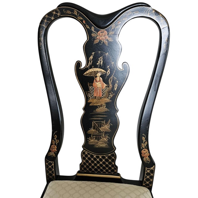 Vintage Custom Dining Room Side Chairs Chinoiserie Black Lacquer Pan Asian- a Pair For Sale In Philadelphia - Image 6 of 11