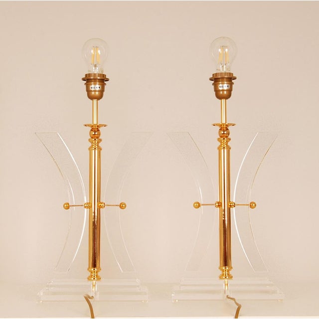 Gold Vintage Table Lamps Crystal Gold Acrylic Kuatra Spainish Lamps Mid Century Perspex a Pair For Sale - Image 8 of 9