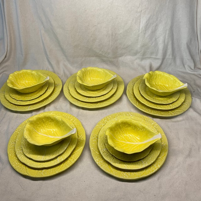 1970s Secla Majolica Pottery “Yellow Cabbage Leaf” - Serving for 5, 20 Pieces For Sale - Image 10 of 12