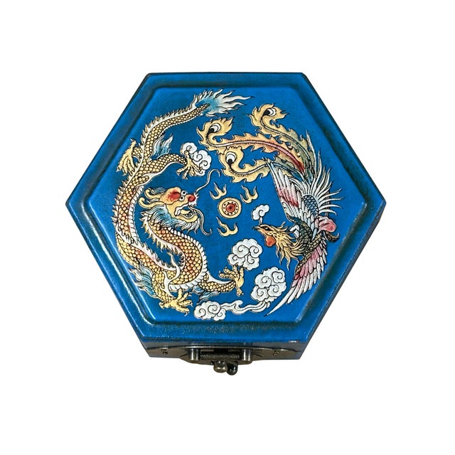 Oriental Cerulean Blue Dragon Phoenix Graphic Hexagonal Container Box For Sale In San Francisco - Image 6 of 8