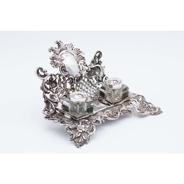 Embossed Silver Inkwell with Cutouts and Small Glass Tanks, Set of 3 For Sale - Image 4 of 6