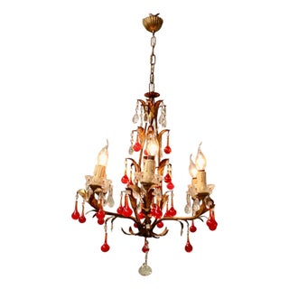 Large French Chandelier with Lipstick Red Teardrops, 1950 For Sale