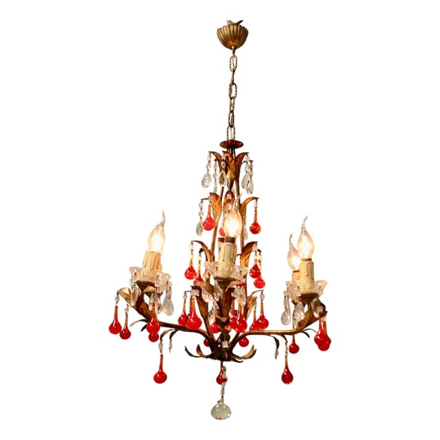 Large French Chandelier with Lipstick Red Teardrops, 1950 For Sale