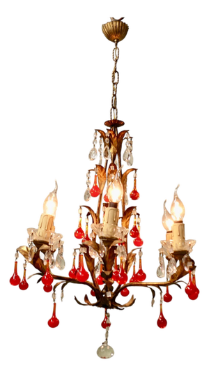 Large French Chandelier with Lipstick Red Teardrops, 1950