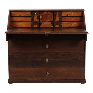 Antique Empire Oak Secretary Desk with Inlay and Brass Fittings, 1840s For Sale