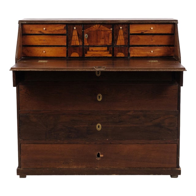 Antique Empire Oak Secretary Desk with Inlay and Brass Fittings, 1840s For Sale