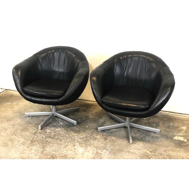 Mid Century Modern Black Leather Swivel Pod Chairs Chairish