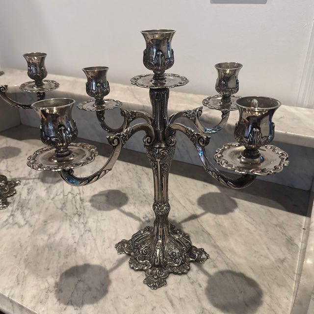1970s Vintage Ornate Silver Plated 5 Arm Candelabras For Sale - Image 5 of 10