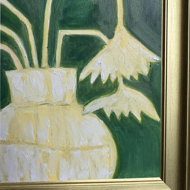 Original Floral Still Life With Round Vase, Oil on Canvas in Brushed Gold Frame, 14.5" X 14.5" by Tatiana Duperault For Sale - Image 4 of 5