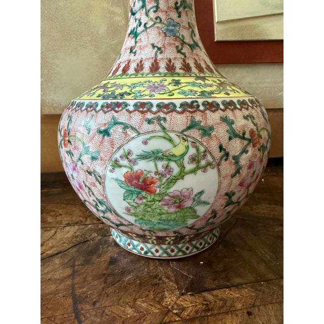 Ceramic Chinese Famille Rose Porcelain Vase Circa 1940–1960 Hand Painted Floral Chinoiserie Qianlong Mark 14.5 Inch For Sale - Image 7 of 12