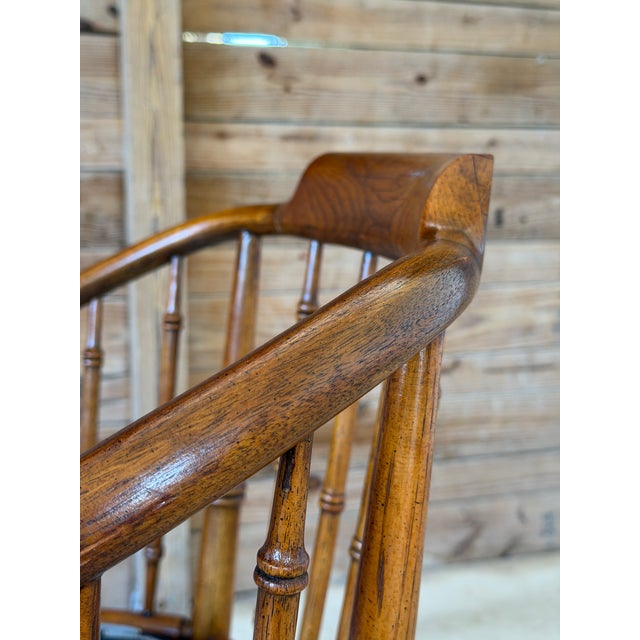 Vintage Chinoiserie Drexel Heritage Faux Bamboo Walnut Spindle Arm Chair Newly Upholstered For Sale - Image 11 of 12