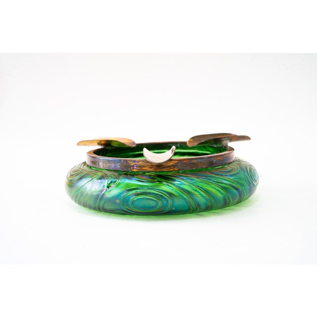 Antique Bohemian Czech Kralik Green Iridescent Art Nouveau Glass ashtray 1908 Original condition