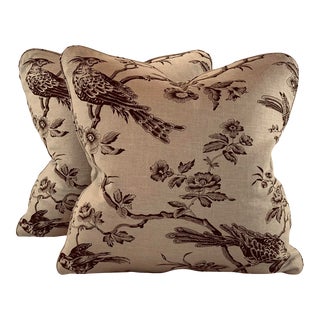 Designer Fabricut Chocolate Brown & Tan "Amacus Bird" Botanical French Country Toile Pillow Covers- 20" Pair For Sale