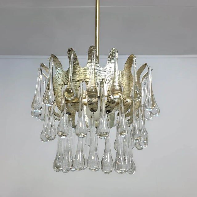 Chandelier with Murano Drops in Silver Frame from Palwa, 1950s For Sale - Image 14 of 14
