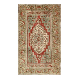 Floral Mid-Century Turkish Oushak Vintage Rug in Red, Blue, Green and Ivory 7'1" X 11'7" For Sale