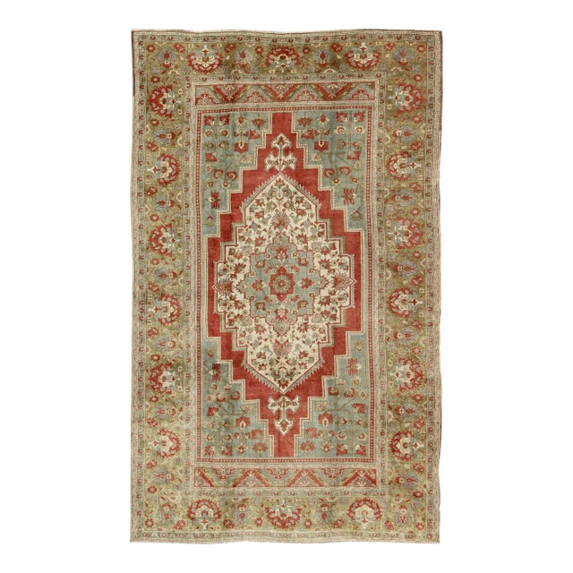 Floral Mid-Century Turkish Oushak Vintage Rug in Red, Blue, Green and Ivory 7'1" X 11'7" For Sale