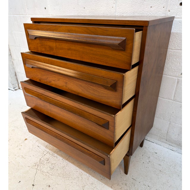 Vintage MCM Four Drawer Walnut Highboy Dresser For Sale - Image 14 of 16