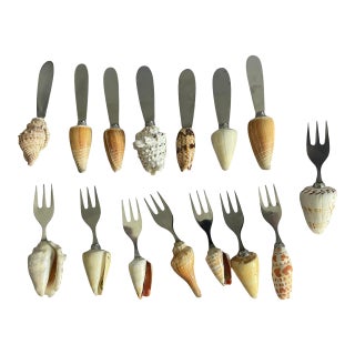 Vintage Coastal Shell Appetizer Knives & Forks Set of 15 For Sale