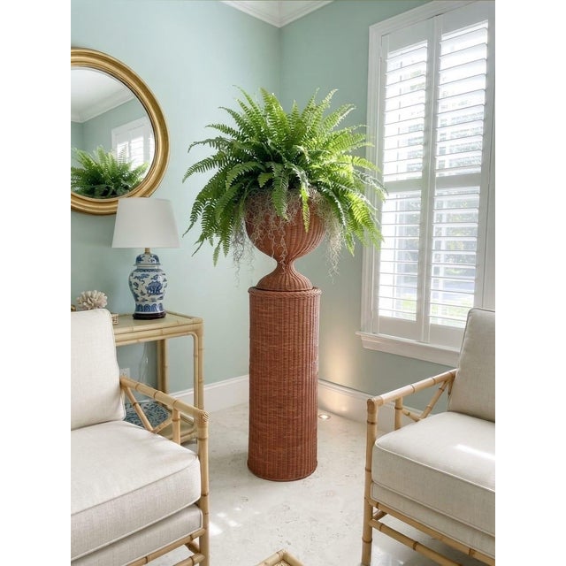 Vintage Mid-Century Woven Wicker Pedestal Urn Planter | Boho Chic Rattan Floor Stand For Sale - Image 10 of 12