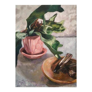 "Palo Santo, Fern & Pottery" Original Still Life Painting For Sale