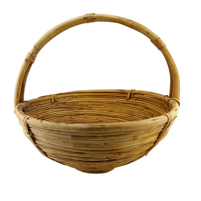 Gabriella Crespi Vintage Handwoven Pencil Reed Basket With Bentwood Handle After Crespi For Sale - Image 4 of 8