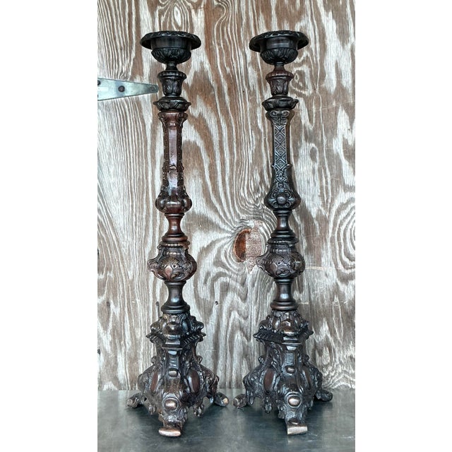 Vintage Boho Monumental Maitland-Smith Bronze Altar Candles - Set of 2 For Sale In West Palm - Image 6 of 7