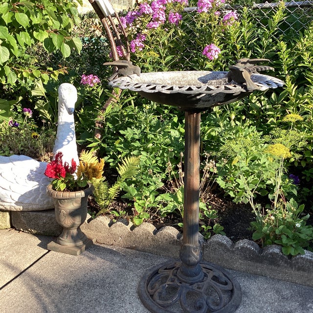 Vintage Bird Bath Aluminum With Iron Filigree Base and Perching Bird Sculpture For Sale - Image 12 of 12