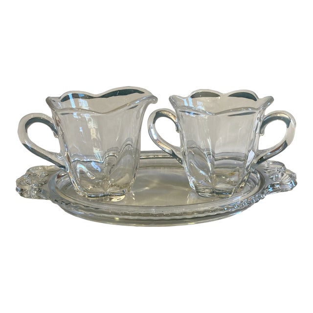 1940's Glass Cream & Sugar Set With Tray- 3 Pieces For Sale