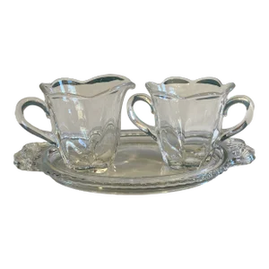 Vintage Clear Fluted Glass Creamer and Sugar Bowl Set With Matching Serving Tray