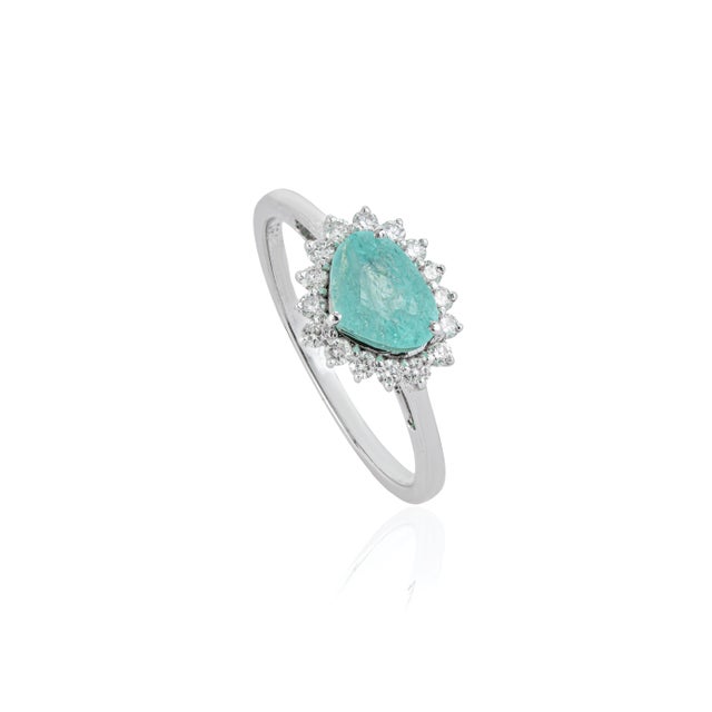VR Jewels 18k Gold 1.09ct Pear Cut Paraiba Tourmaline Diamond Halo Cluster Ring Size 6.5 For Sale - Image 4 of 18