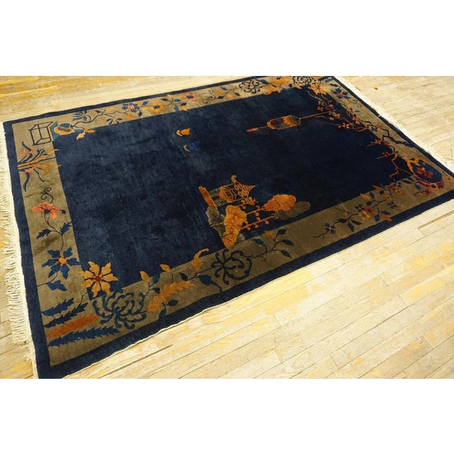 1920s 1920s Blue Navy Vase Floral Antique Chinese Art Deco Carpet 5' X 7'7" Knotted Wool Rug For Sale - Image 5 of 13
