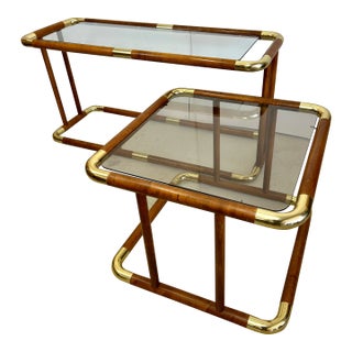 1970s Postmodern Wood & Polished Brass Console & End Table Set - 2 Pieces For Sale