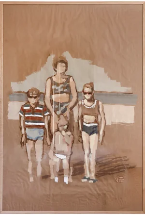 Vera Edwards, Family Beach Scene, Oil on Paper