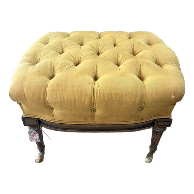 Vintage Louis XVI Style Tufted Gold Ottoman With Brass Paw Feet For Sale