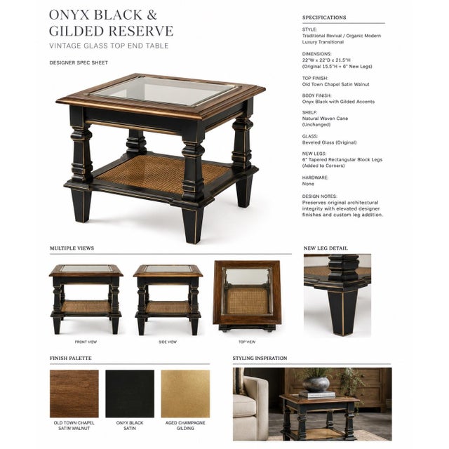 Contemporary Vintage Barker Bros. Onyx Black & Satin Walnut Glass Top End Table With Cane Shelf For Sale - Image 3 of 3
