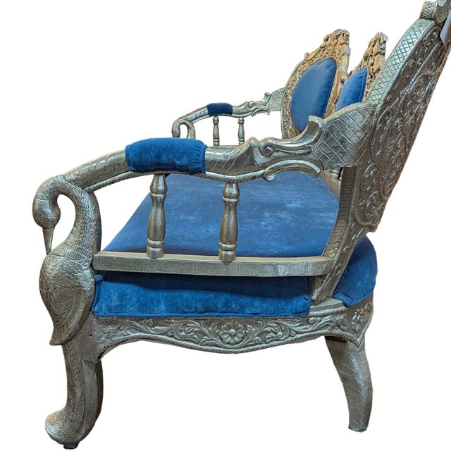 1970s Indian Ornate Silver Metal Clad Blue Velvet Maharaja Bench For Sale In Houston - Image 6 of 8