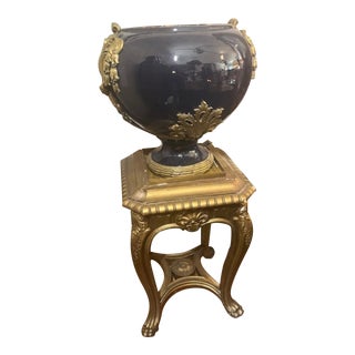 Antique Ceramic Blue Vase on Stand With Brass Motifs For Sale