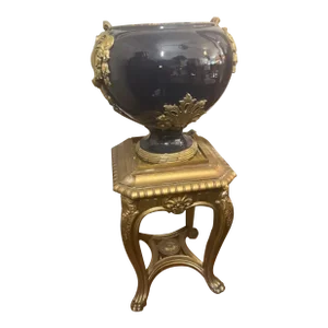 Antique Ceramic Blue Vase on Stand With Brass Motifs