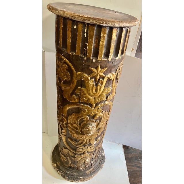 French 1840 Antique Ornate French Wooden Pedestal Column With Gold Highlights For Sale - Image 3 of 12