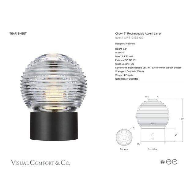 Waterford by Visual Comfort Signature Circon 7" Rechargeable Accent Lamp in Bronze with Clear Crystal Designer: Waterford...